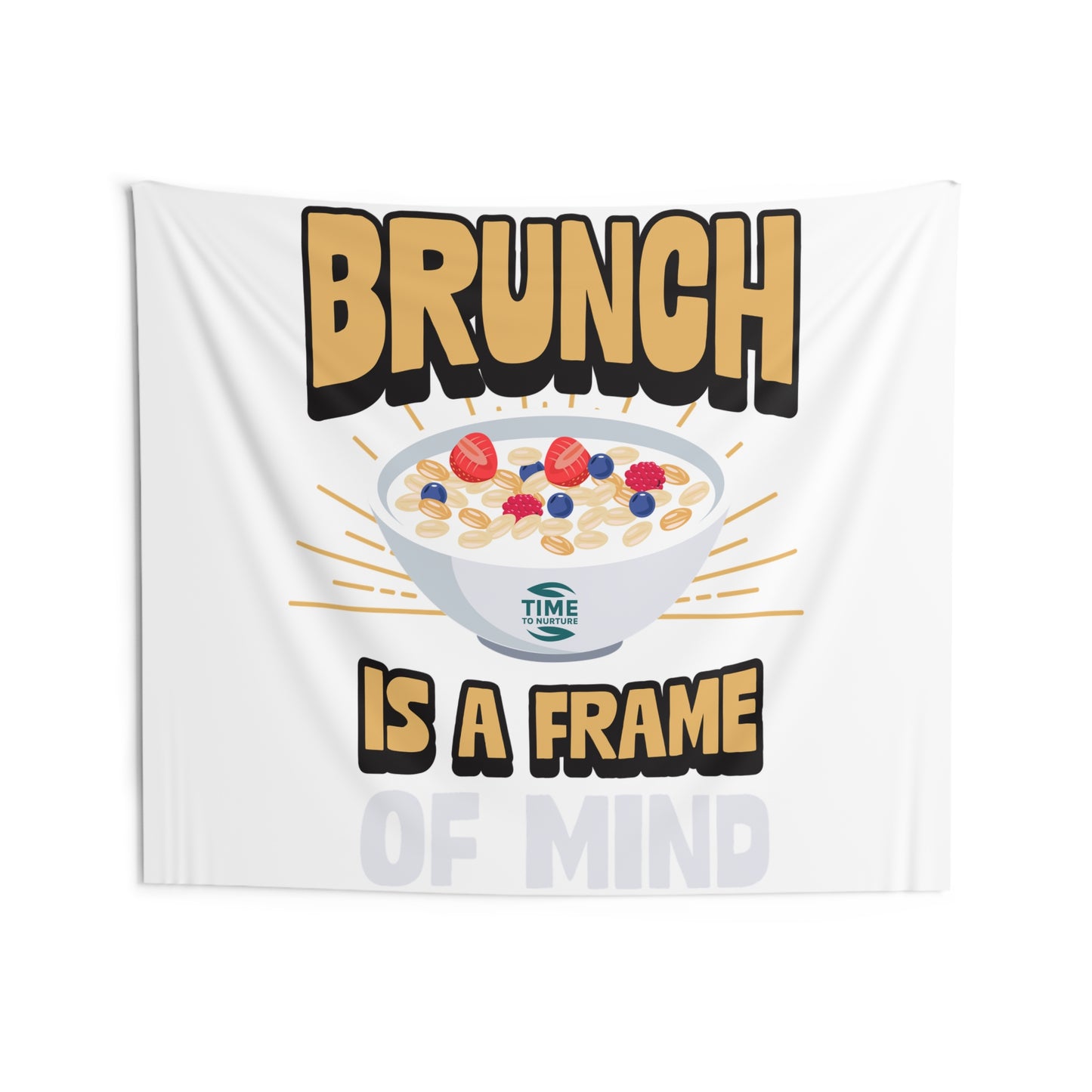 indoor wall tapestry featuring the phrase "Retirement Brunch" in stylish typography, complemented by warm, inviting colors. Perfect as wall art for brunch lovers, retirement gifts, or home decor that adds a cozy and uplifting vibe to any space.