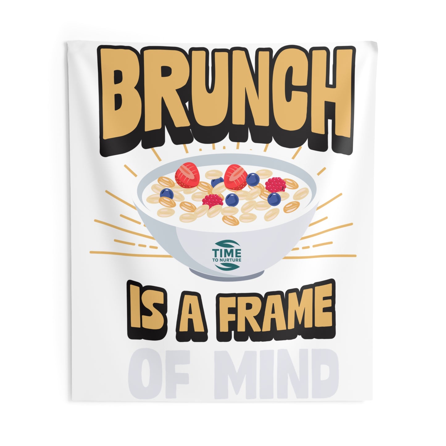 indoor wall tapestry featuring the phrase "Retirement Brunch" in stylish typography, complemented by warm, inviting colors. Perfect as wall art for brunch lovers, retirement gifts, or home decor that adds a cozy and uplifting vibe to any space.