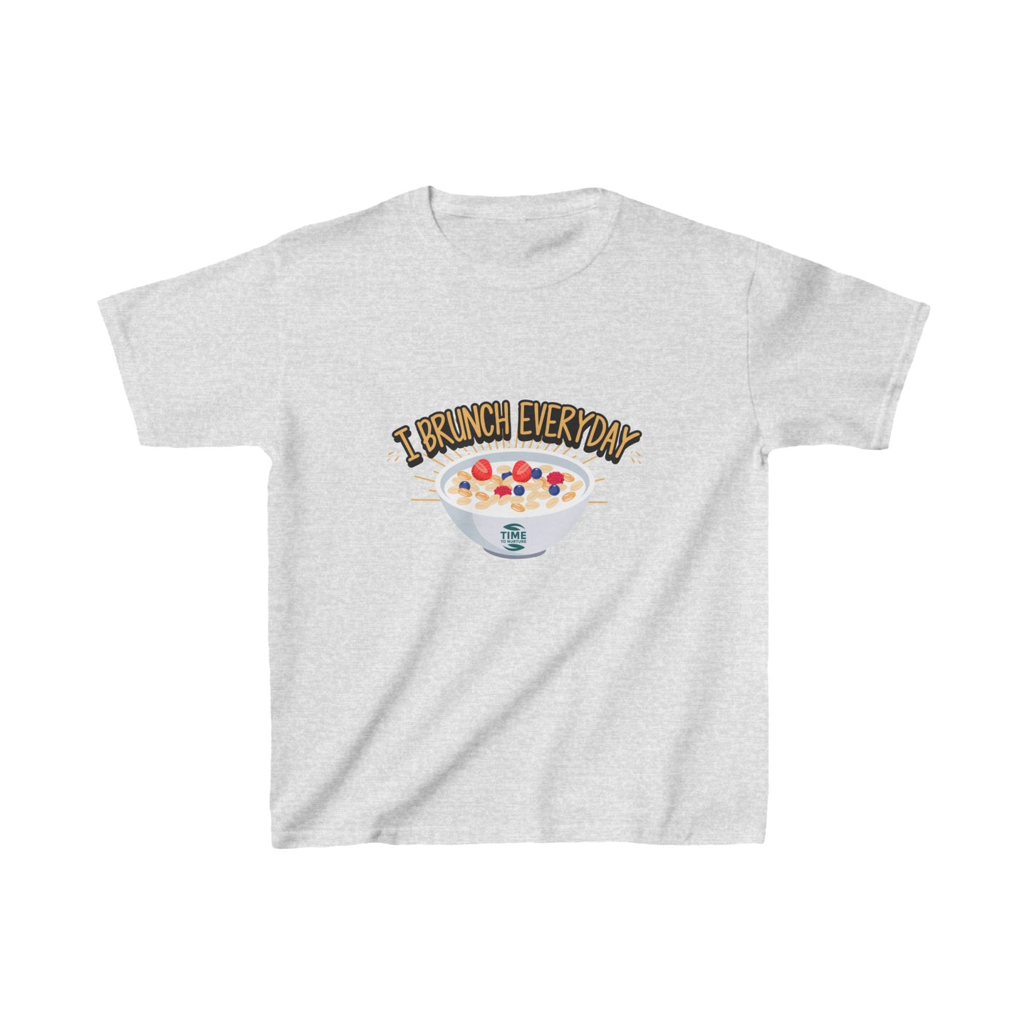 kids' heavy cotton tee featuring the phrase "I brunch everyday" in a fun and playful design. A charming and humorous brunch-themed shirt, perfect as a gift for young brunch lovers or as a unique retirement-inspired keepsake.