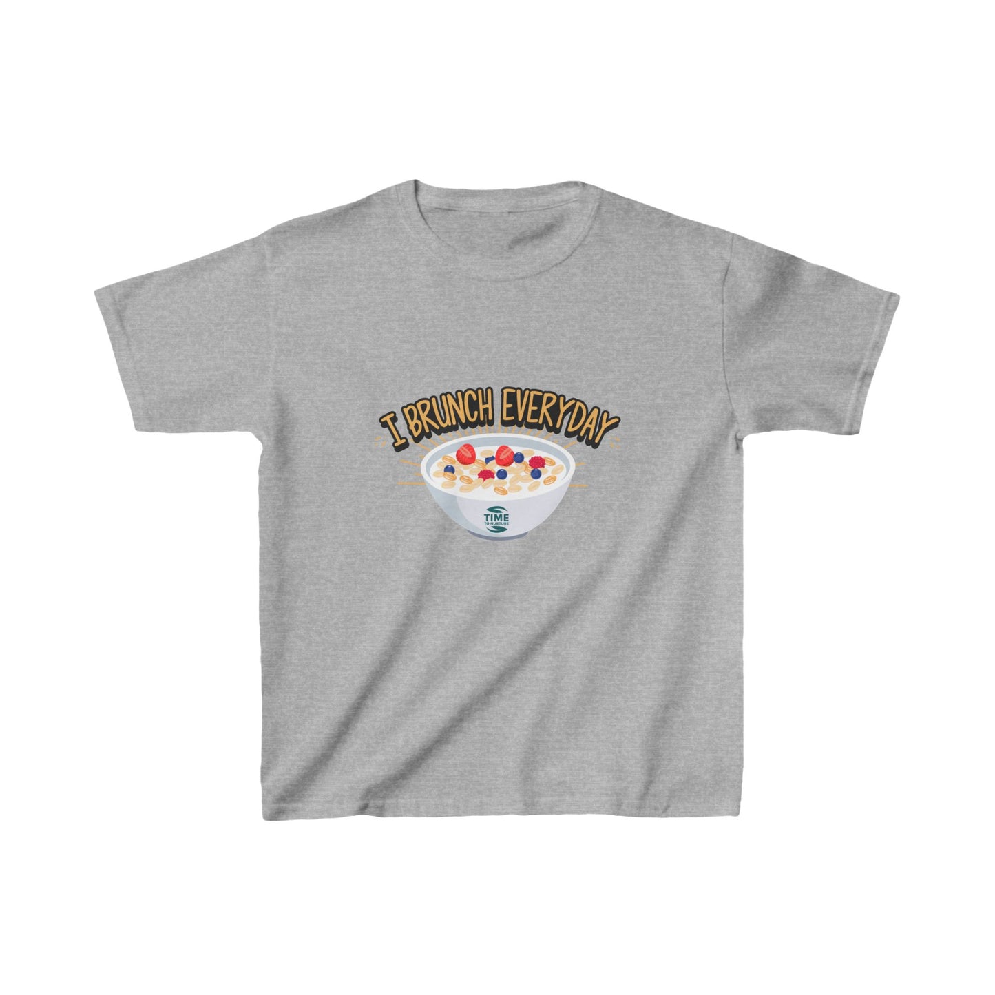 kids' heavy cotton tee featuring the phrase "I brunch everyday" in a fun and playful design. A charming and humorous brunch-themed shirt, perfect as a gift for young brunch lovers or as a unique retirement-inspired keepsake.