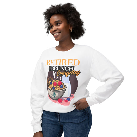 lightweight unisex sweatshirt with the phrase "Retired, I Brunch Everyday" in bold, playful lettering. This cozy pullover is a perfect funny retirement gift for brunch lovers, blending comfort and style for everyday wear.