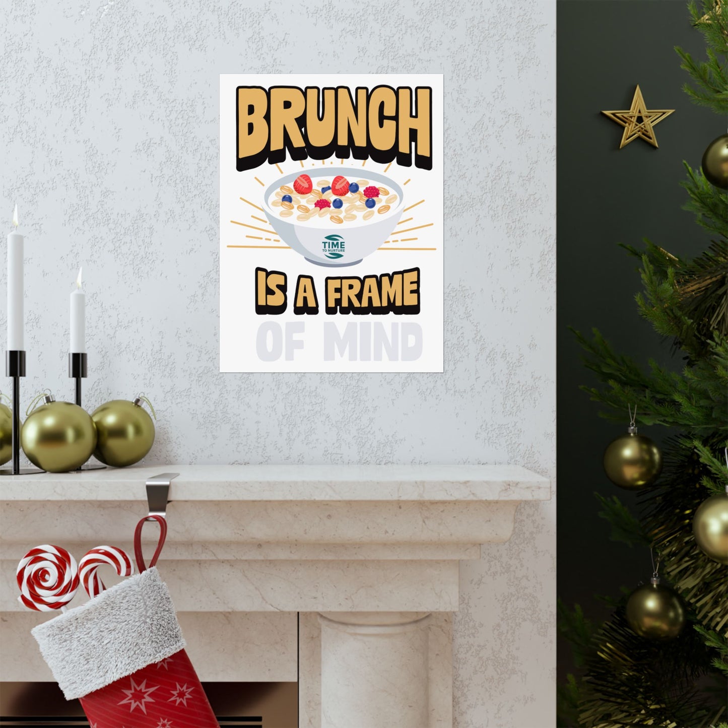 matte vertical poster with the phrase "Brunch is a Frame of Mind" in elegant typography. This wall art adds a stylish touch to home decor, making it a perfect retirement gift or a charming addition for brunch enthusiasts.