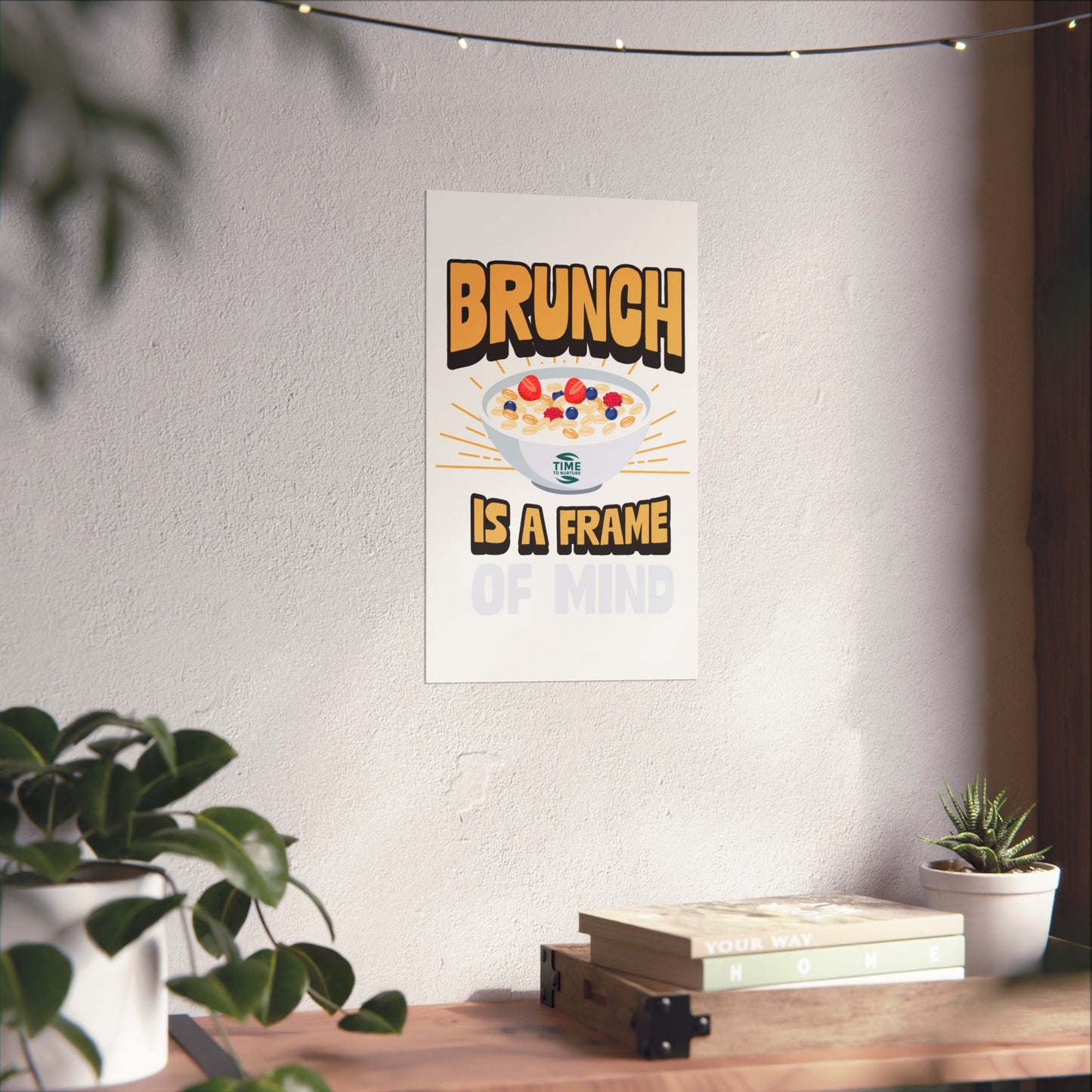 matte vertical poster with the phrase "Brunch is a Frame of Mind" in elegant typography. This wall art adds a stylish touch to home decor, making it a perfect retirement gift or a charming addition for brunch enthusiasts.