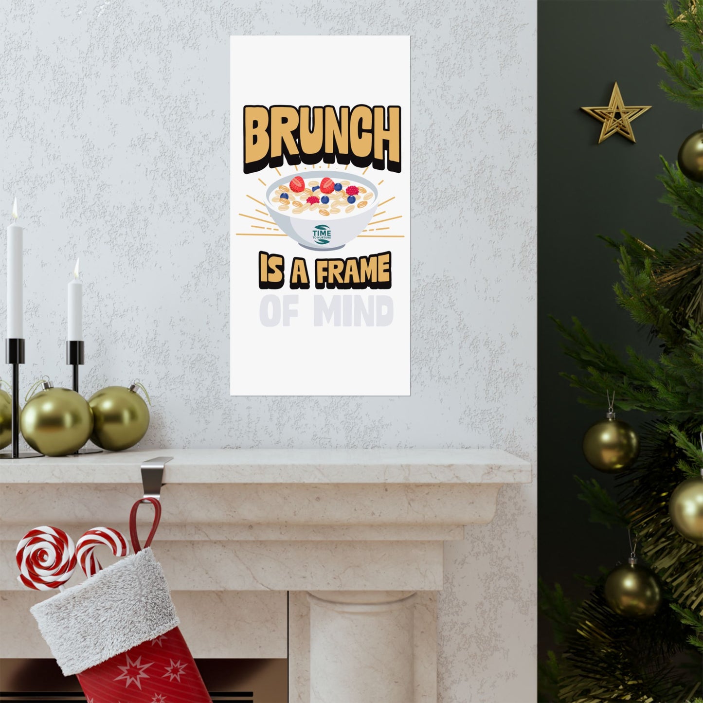 matte vertical poster with the phrase "Brunch is a Frame of Mind" in elegant typography. This wall art adds a stylish touch to home decor, making it a perfect retirement gift or a charming addition for brunch enthusiasts.