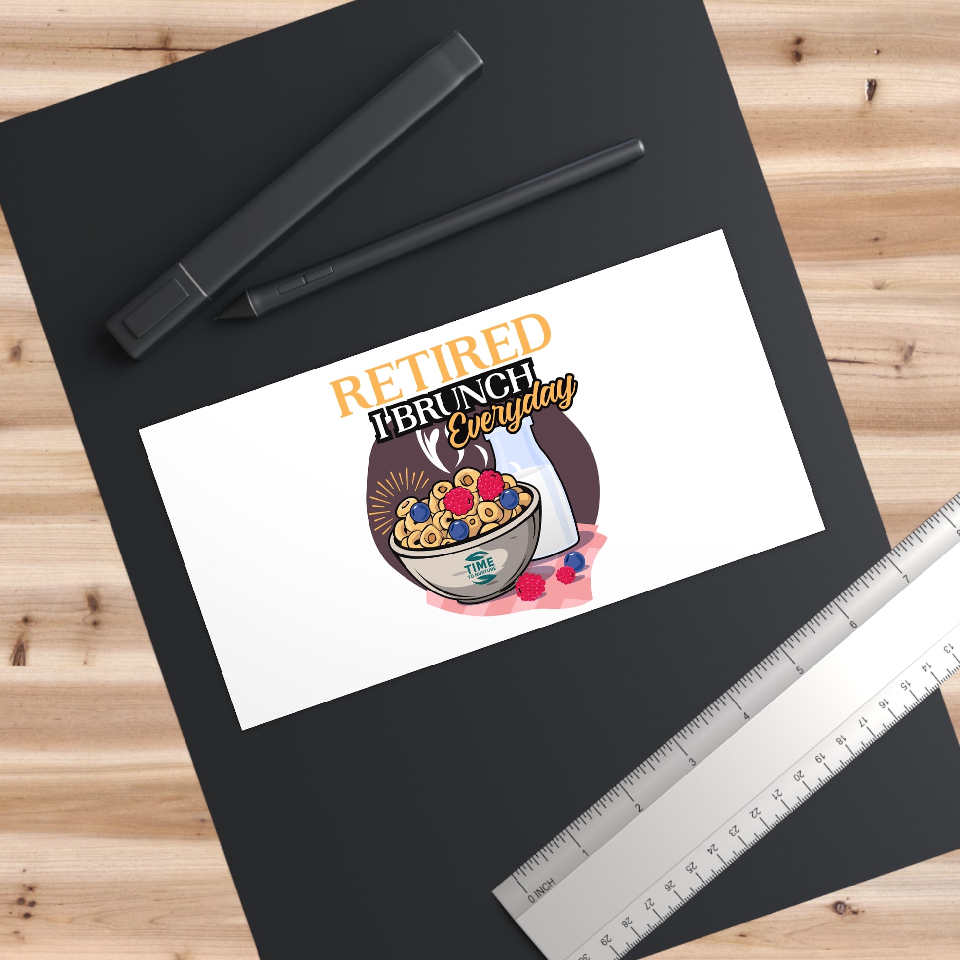 retired and brunching everyday bumper sticker with a funny retirement quote perfect for brunch lovers, car decals, laptops, coolers, and retirement party accessories
