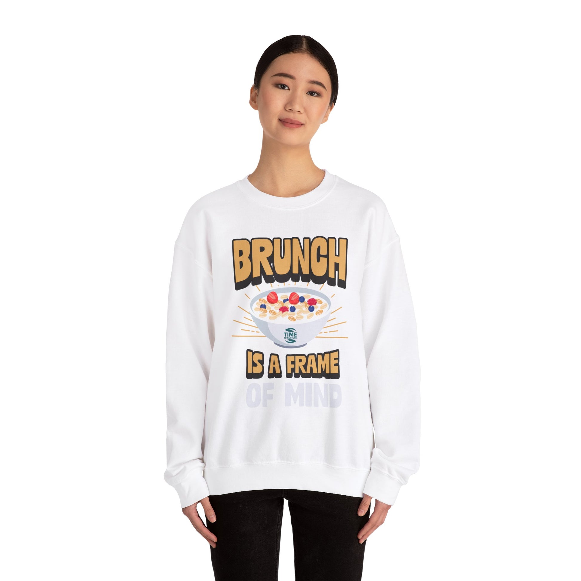 unisex crewneck sweatshirt with "Brunch is a Frame of Mind" graphic; cozy pullover with funny quote, perfect for brunch lovers and Sunday relaxation