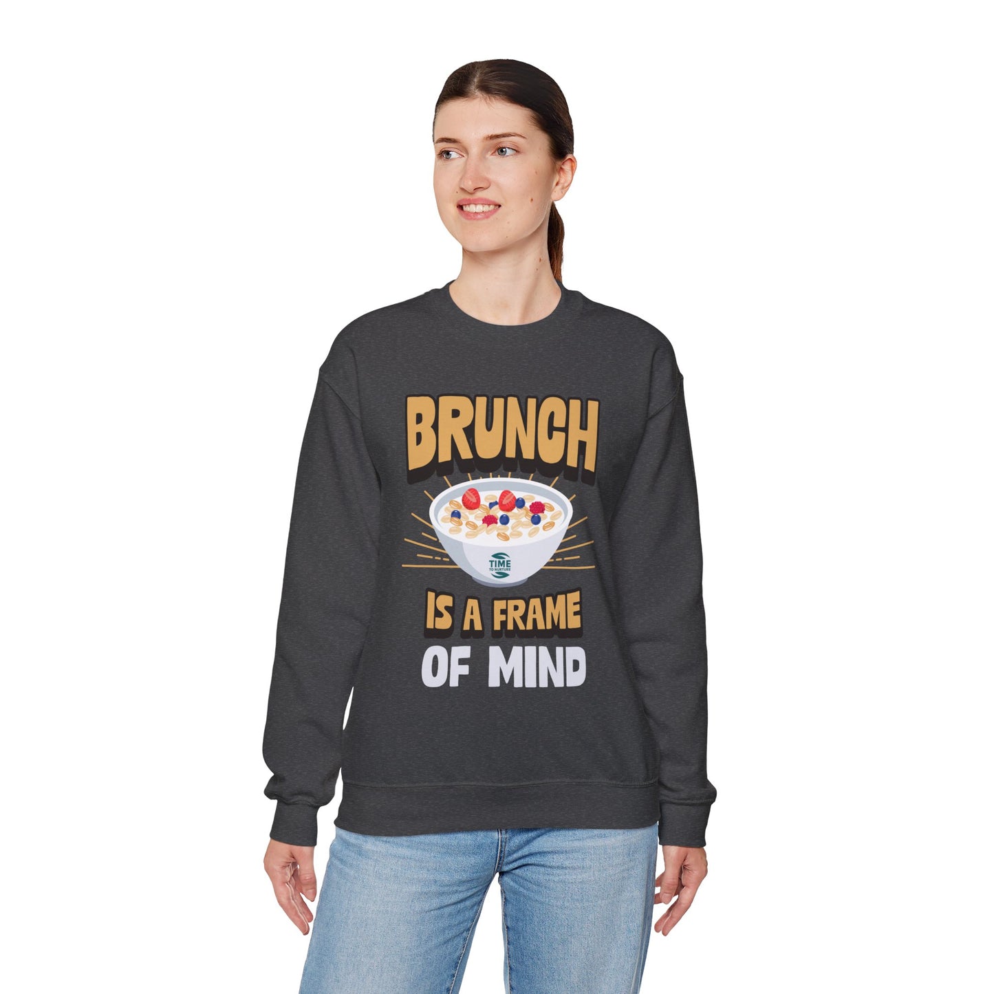 unisex crewneck sweatshirt with "Brunch is a Frame of Mind" graphic; cozy pullover with funny quote, perfect for brunch lovers and Sunday relaxation