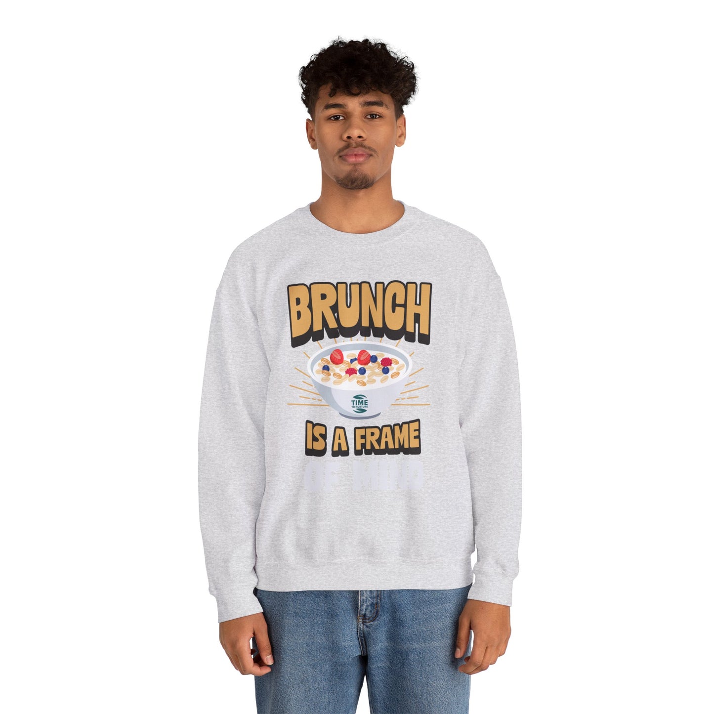 unisex crewneck sweatshirt with "Brunch is a Frame of Mind" graphic; cozy pullover with funny quote, perfect for brunch lovers and Sunday relaxation