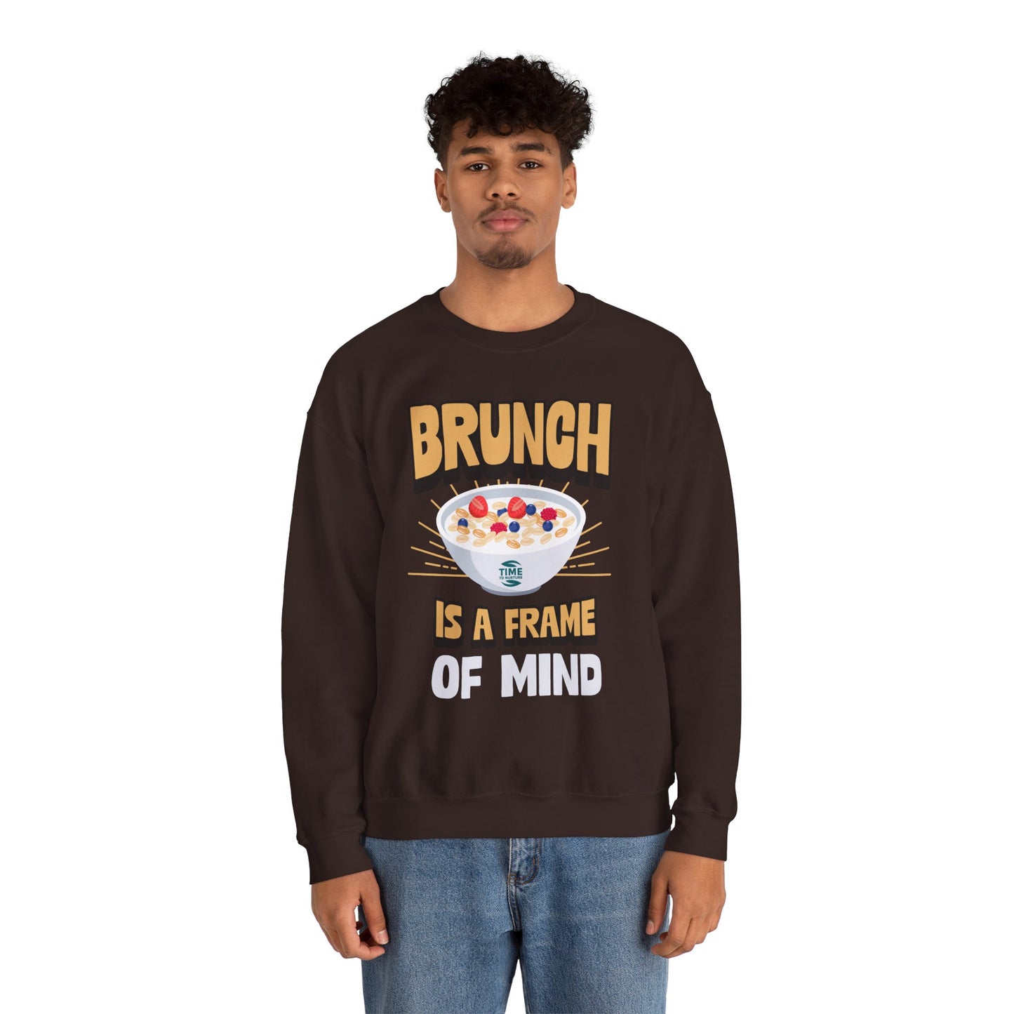 unisex crewneck sweatshirt with "Brunch is a Frame of Mind" graphic; cozy pullover with funny quote, perfect for brunch lovers and Sunday relaxation