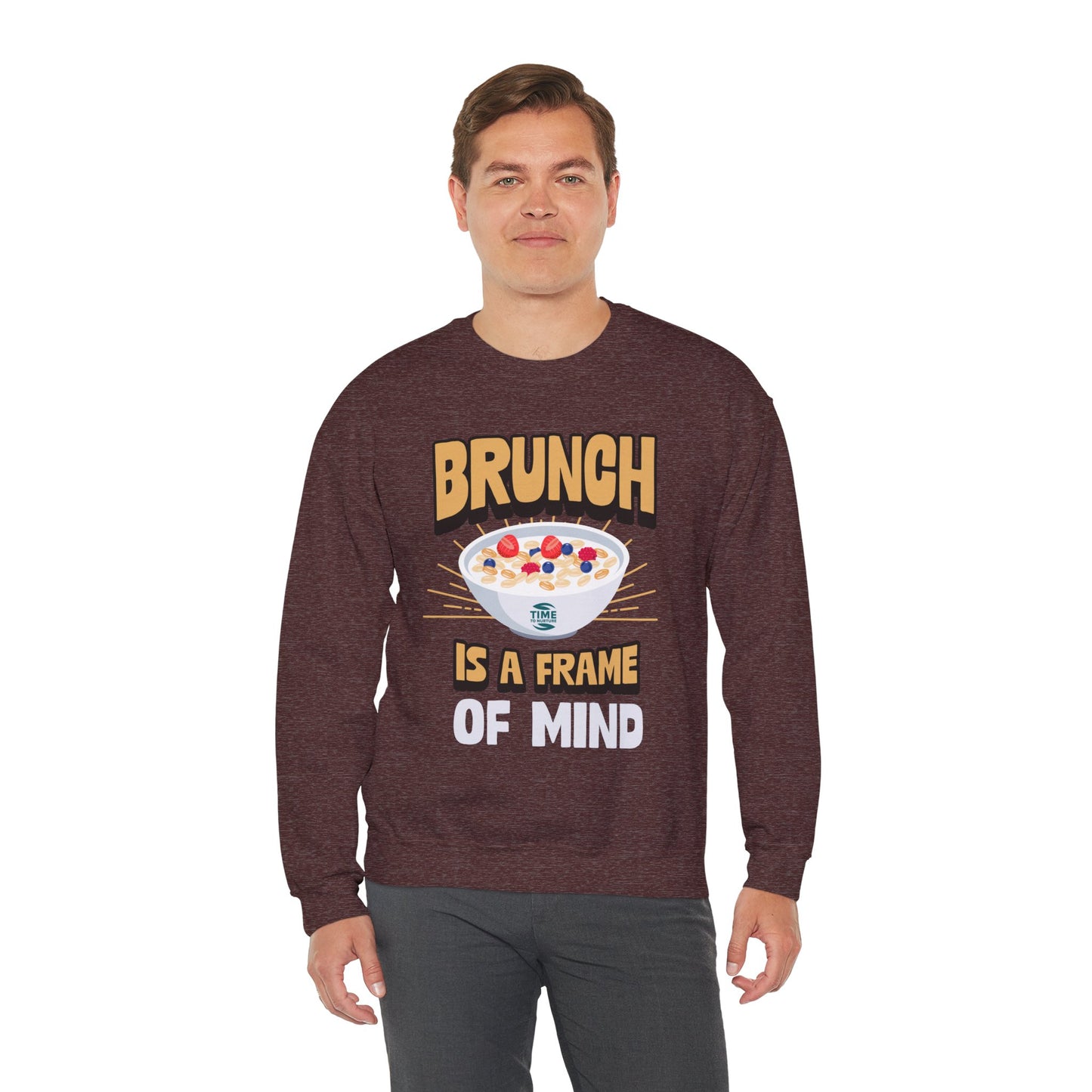 unisex crewneck sweatshirt with "Brunch is a Frame of Mind" graphic; cozy pullover with funny quote, perfect for brunch lovers and Sunday relaxation