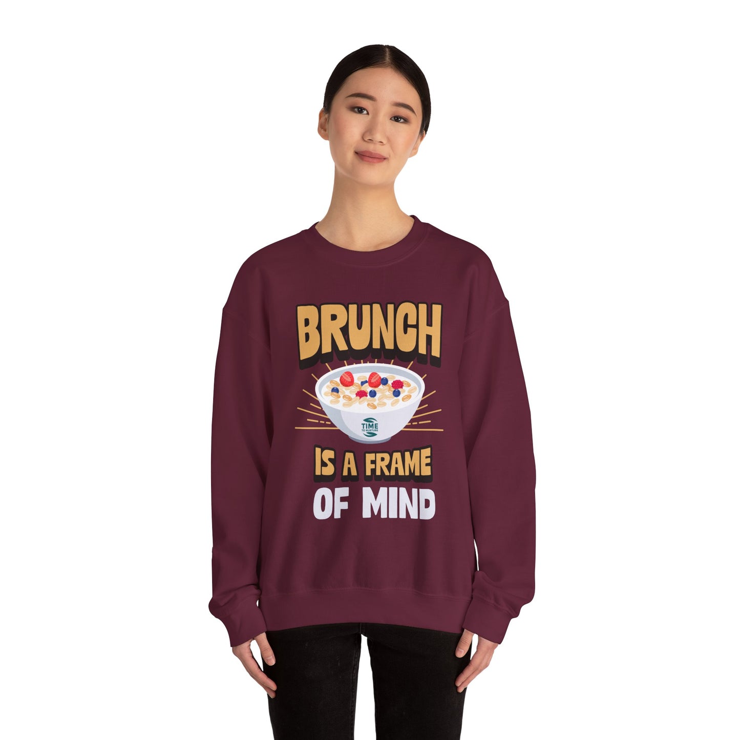 unisex crewneck sweatshirt with "Brunch is a Frame of Mind" graphic; cozy pullover with funny quote, perfect for brunch lovers and Sunday relaxation999