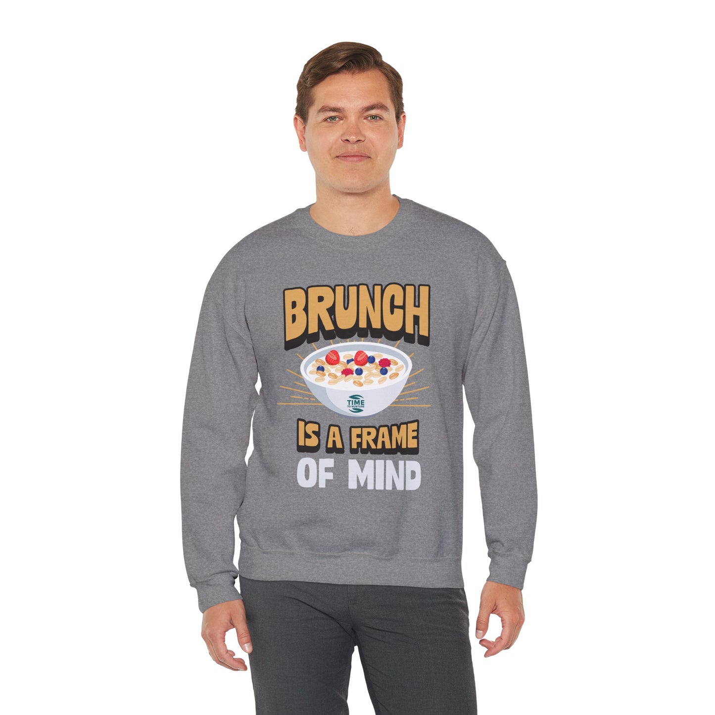 unisex crewneck sweatshirt with "Brunch is a Frame of Mind" graphic; cozy pullover with funny quote, perfect for brunch lovers and Sunday relaxation