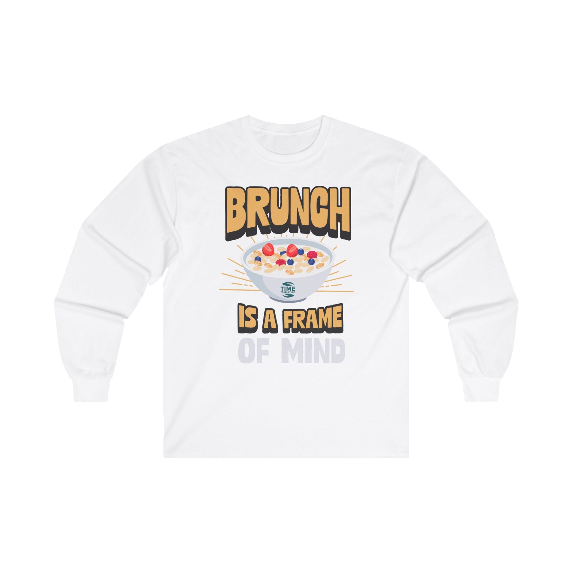 unisex long sleeve t-shirt with "Brunch is a Frame of Mind Brunch Vibes" graphic; cozy cotton top perfect for brunch lovers and weekend wear