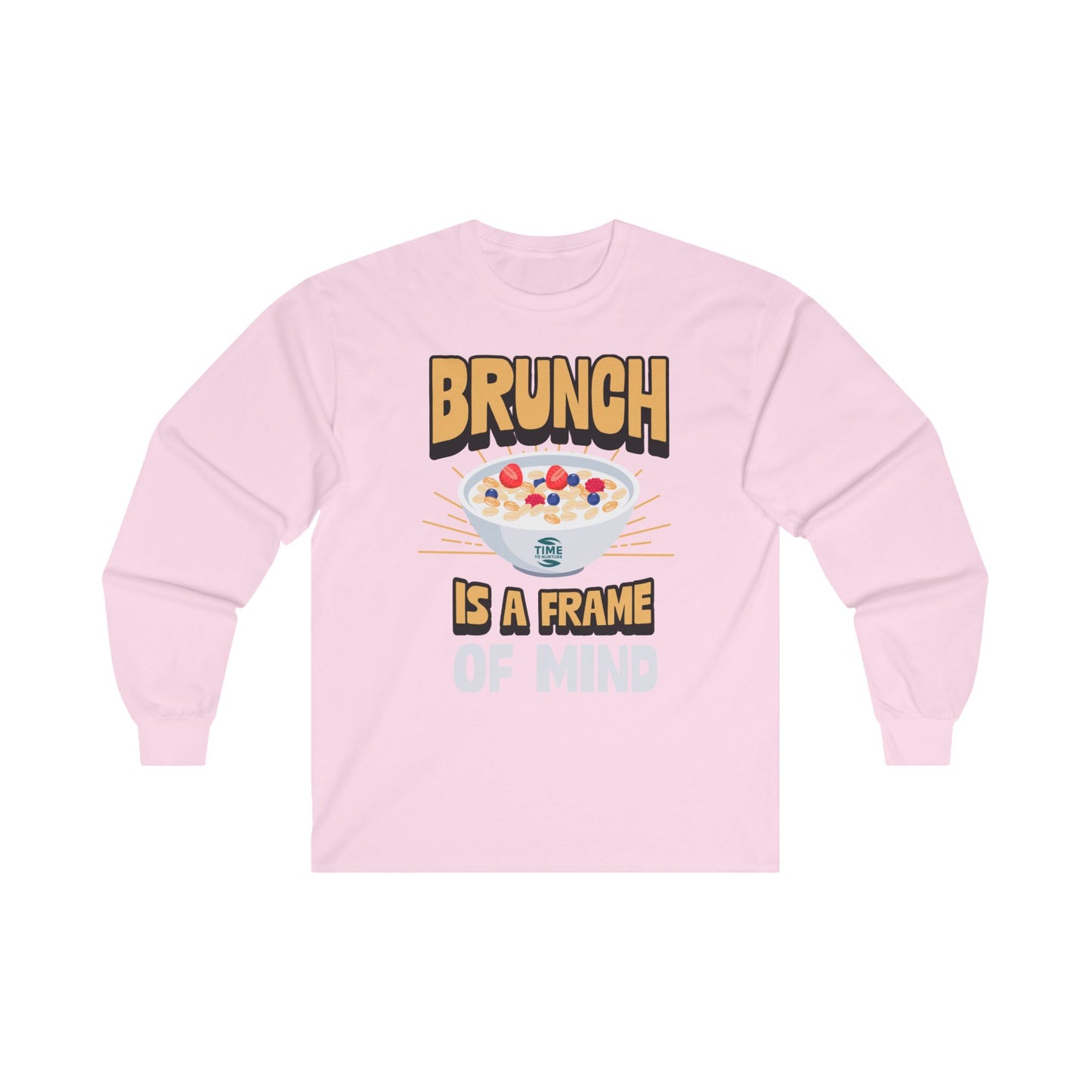unisex long sleeve t-shirt with "Brunch is a Frame of Mind Brunch Vibes" graphic; cozy cotton top perfect for brunch lovers and weekend wear