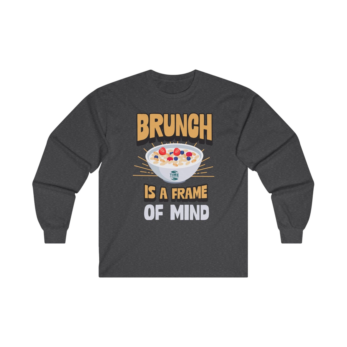 unisex long sleeve t-shirt with "Brunch is a Frame of Mind Brunch Vibes" graphic; cozy cotton top perfect for brunch lovers and weekend wear777