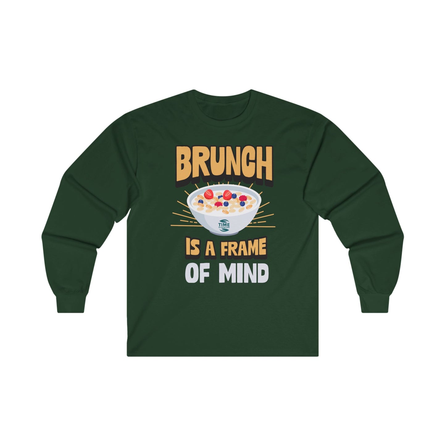 unisex long sleeve t-shirt with "Brunch is a Frame of Mind Brunch Vibes" graphic; cozy cotton top perfect for brunch lovers and weekend wear666