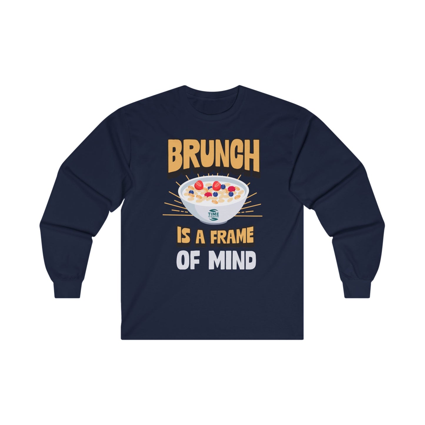 unisex long sleeve t-shirt with "Brunch is a Frame of Mind Brunch Vibes" graphic; cozy cotton top perfect for brunch lovers and weekend wear