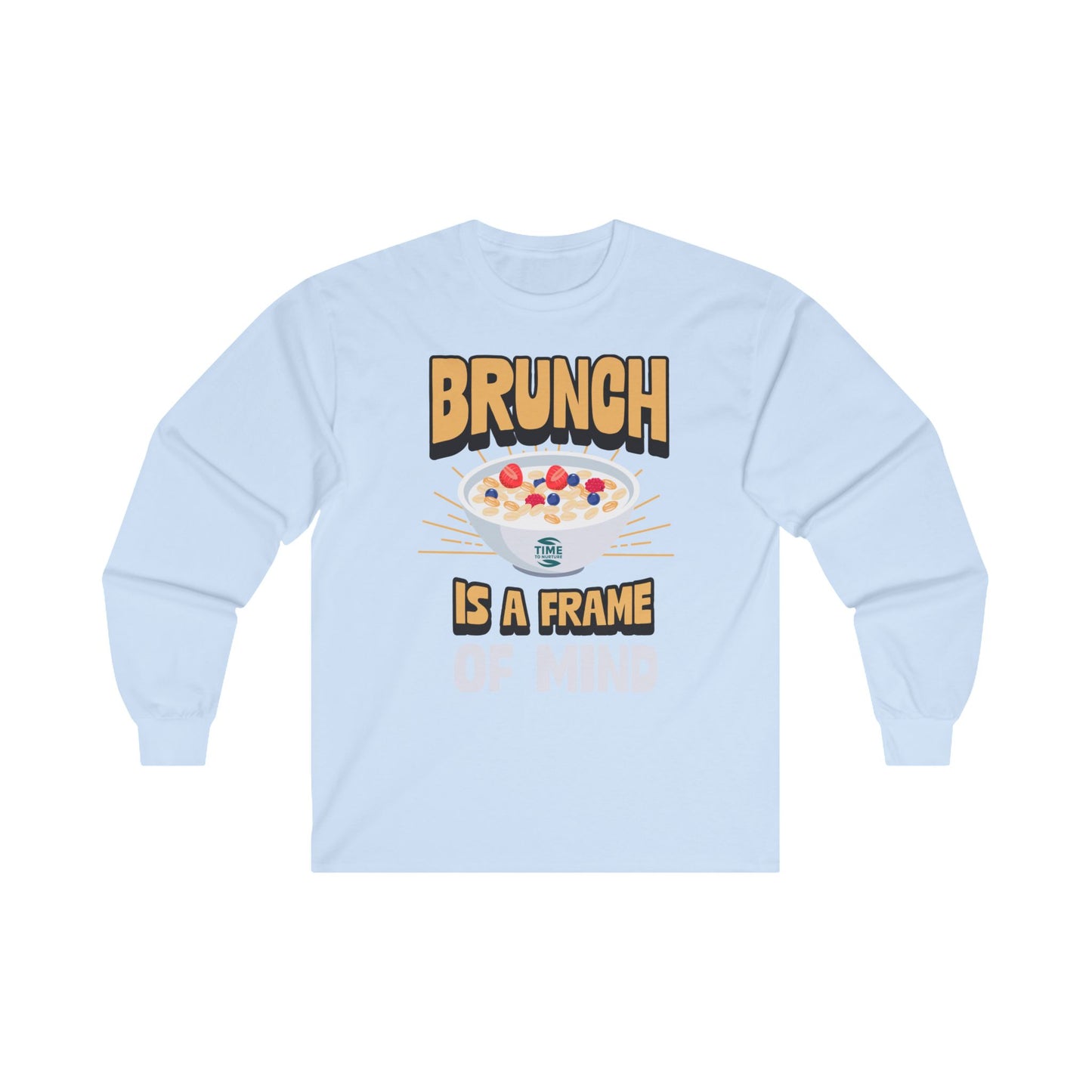 unisex long sleeve t-shirt with "Brunch is a Frame of Mind Brunch Vibes" graphic; cozy cotton top perfect for brunch lovers and weekend wear999