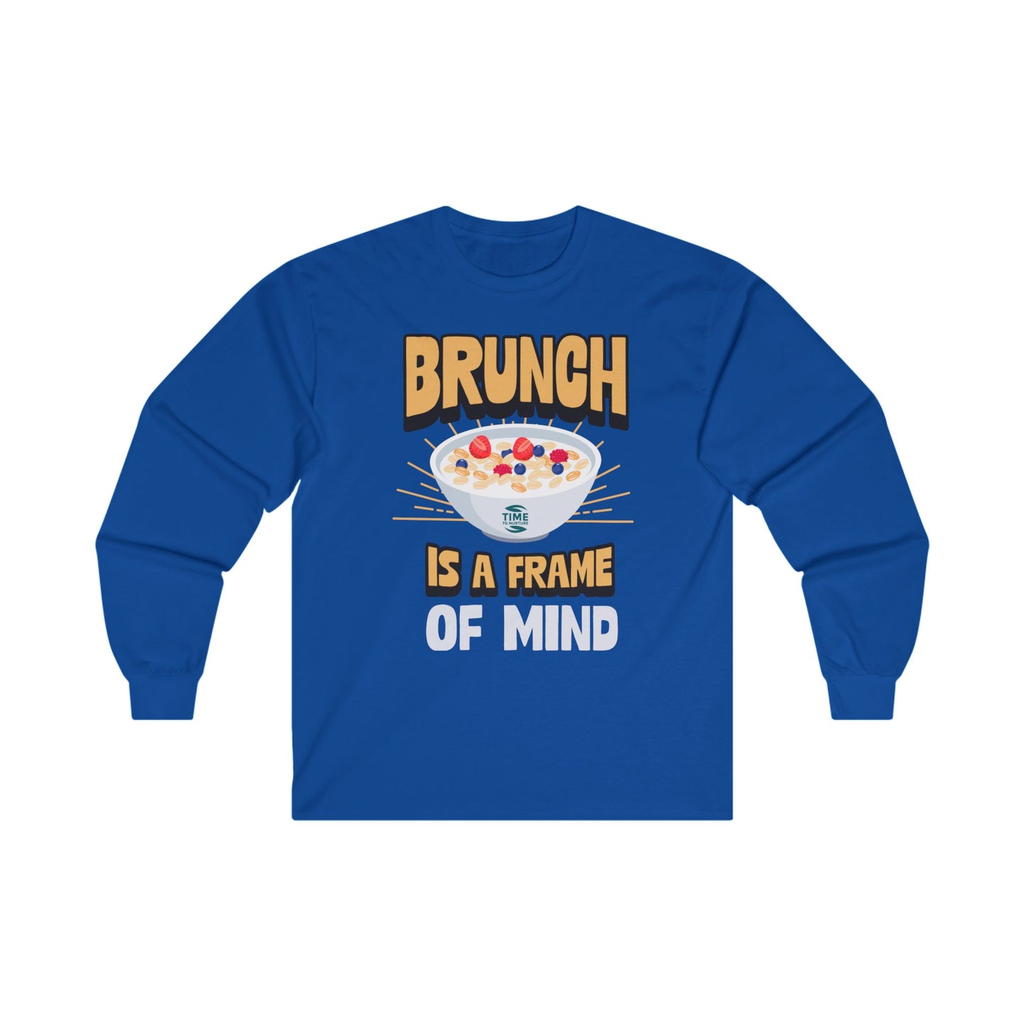 unisex long sleeve t-shirt with "Brunch is a Frame of Mind Brunch Vibes" graphic; cozy cotton top perfect for brunch lovers and weekend wear