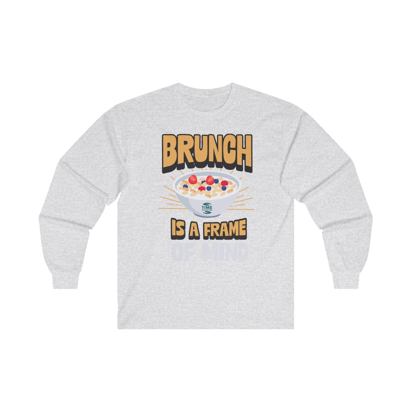unisex long sleeve t-shirt with "Brunch is a Frame of Mind Brunch Vibes" graphic; cozy cotton top perfect for brunch lovers and weekend wear