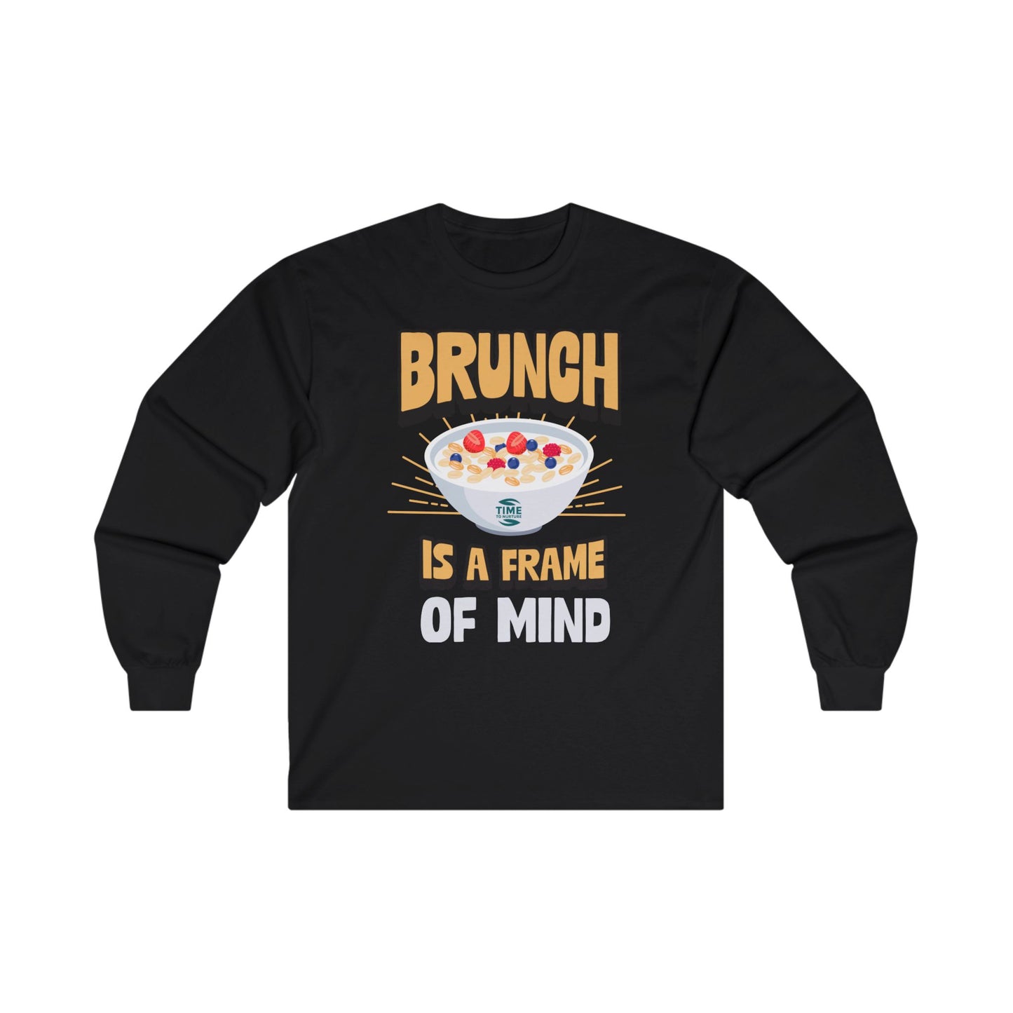 unisex long sleeve t-shirt with "Brunch is a Frame of Mind Brunch Vibes" graphic; cozy cotton top perfect for brunch lovers and weekend wear