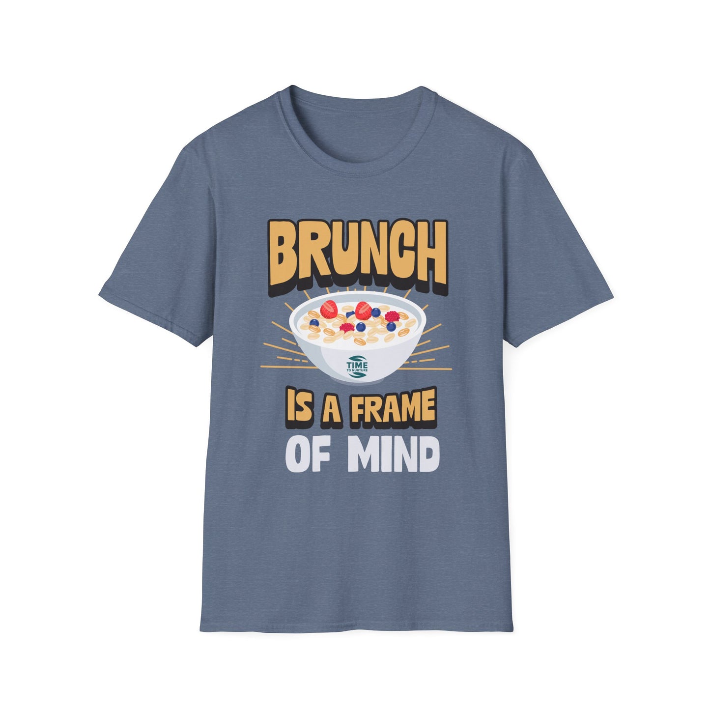unisex softstyle t-shirt with "Brunch Frame Retirement" graphic; casual and comfortable tee ideal for brunch lovers, weekends, and gift giving