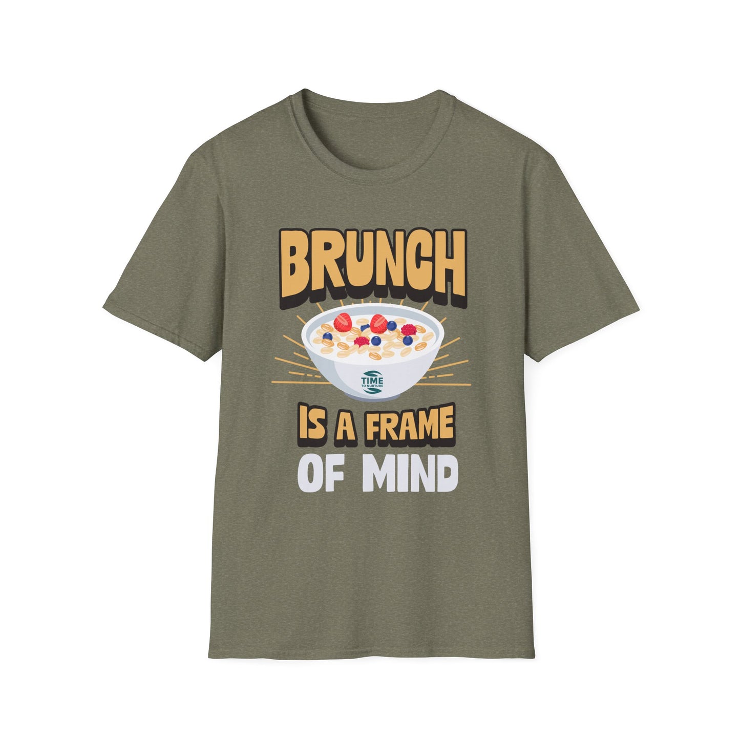 unisex softstyle t-shirt with "Brunch Frame Retirement" graphic; casual and comfortable tee ideal for brunch lovers, weekends, and gift giving