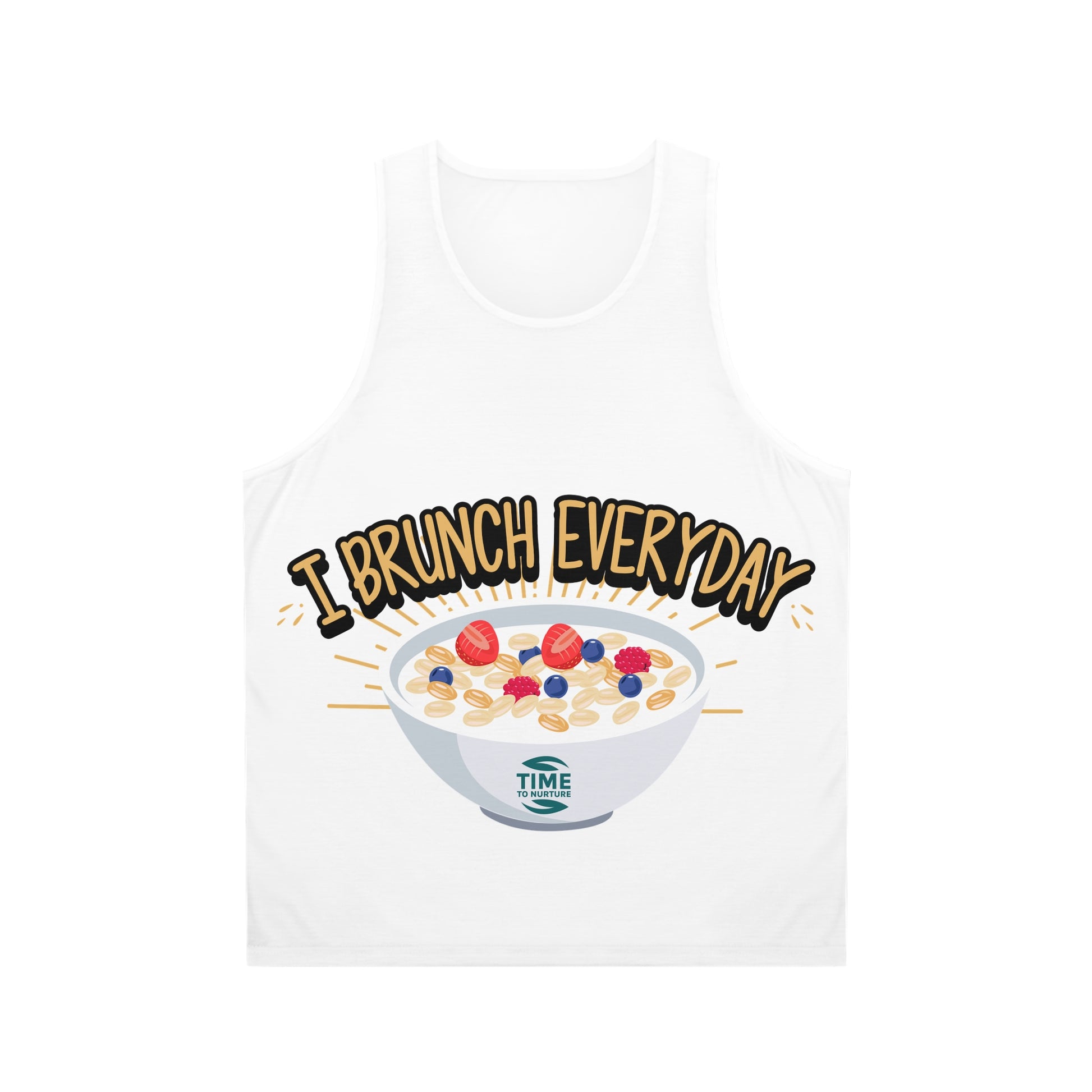 unisex tank top with an all-over print design featuring the words "Retirement Brunch" in a playful and bold style. A humorous and versatile gift for brunch lovers, suitable for him or her, and perfect for celebrating retirement in style.