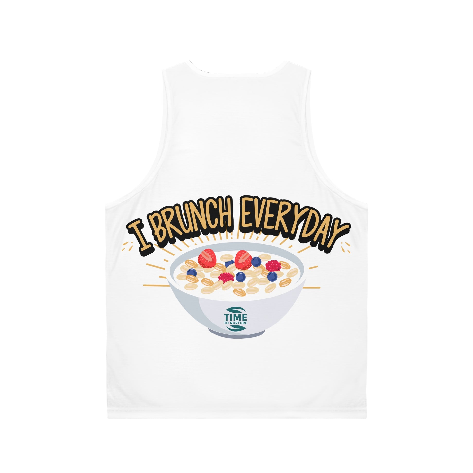 unisex tank top with an all-over print design featuring the words "Retirement Brunch" in a playful and bold style. A humorous and versatile gift for brunch lovers, suitable for him or her, and perfect for celebrating retirement in style.