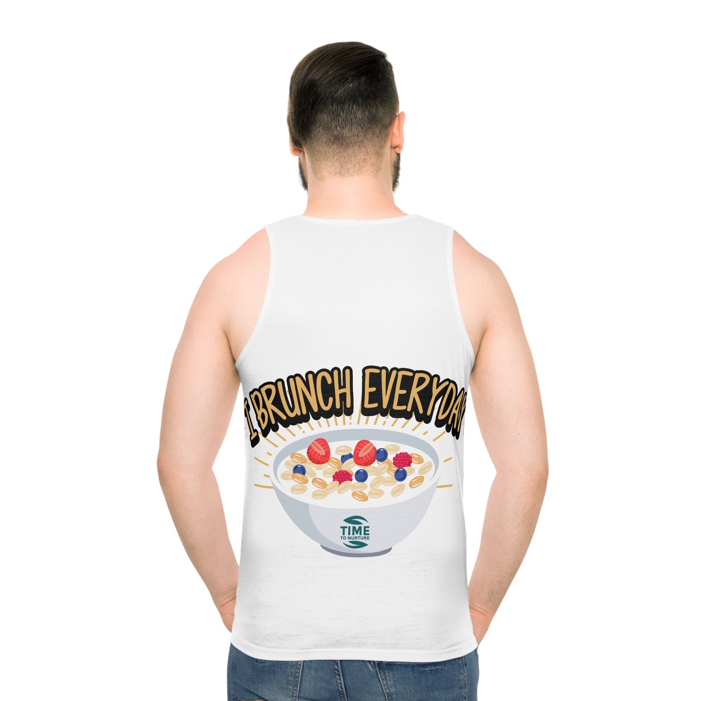 unisex tank top with an all-over print design featuring the words "Retirement Brunch" in a playful and bold style. A humorous and versatile gift for brunch lovers, suitable for him or her, and perfect for celebrating retirement in style.