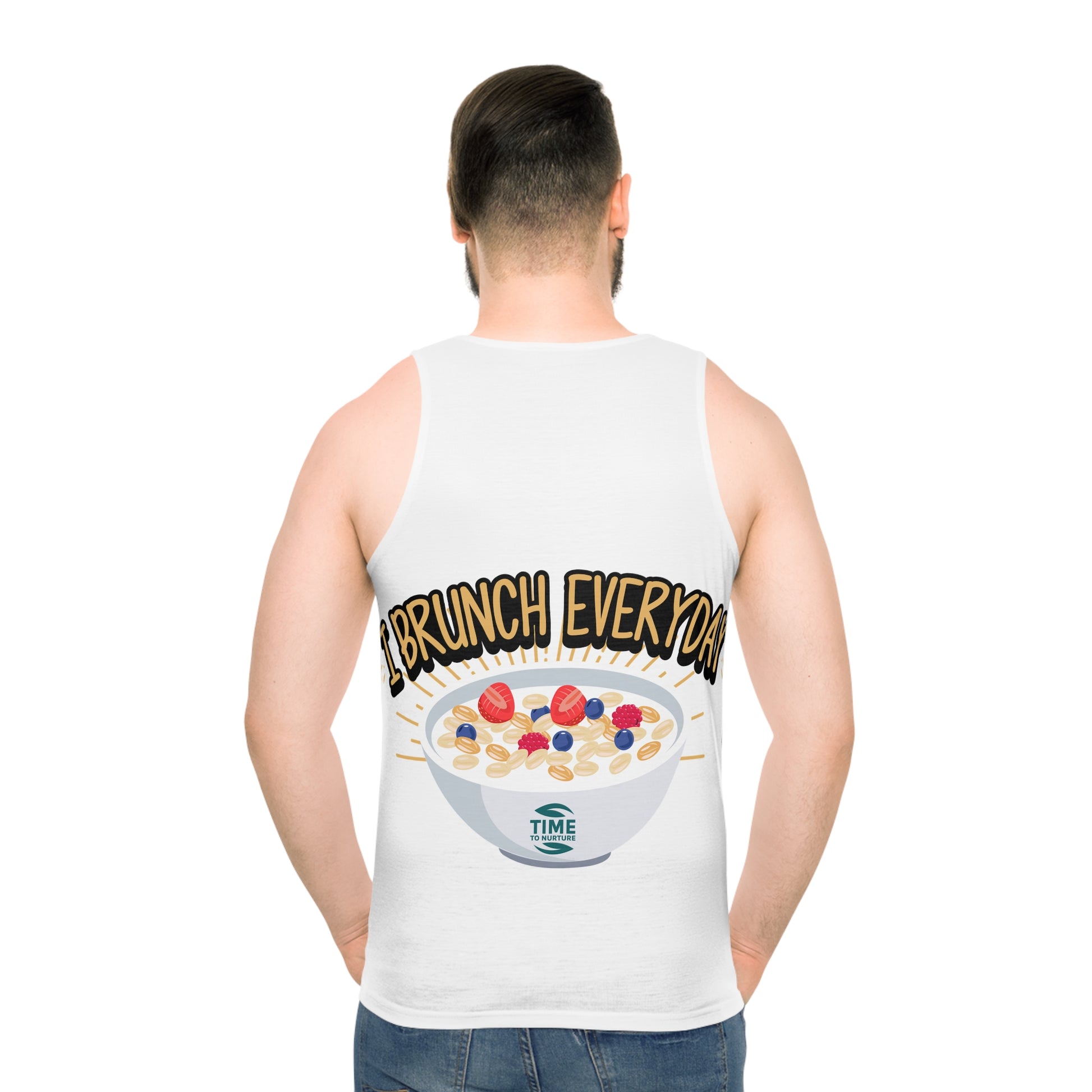 unisex tank top with an all-over print design featuring the words "Retirement Brunch" in a playful and bold style. A humorous and versatile gift for brunch lovers, suitable for him or her, and perfect for celebrating retirement in style.