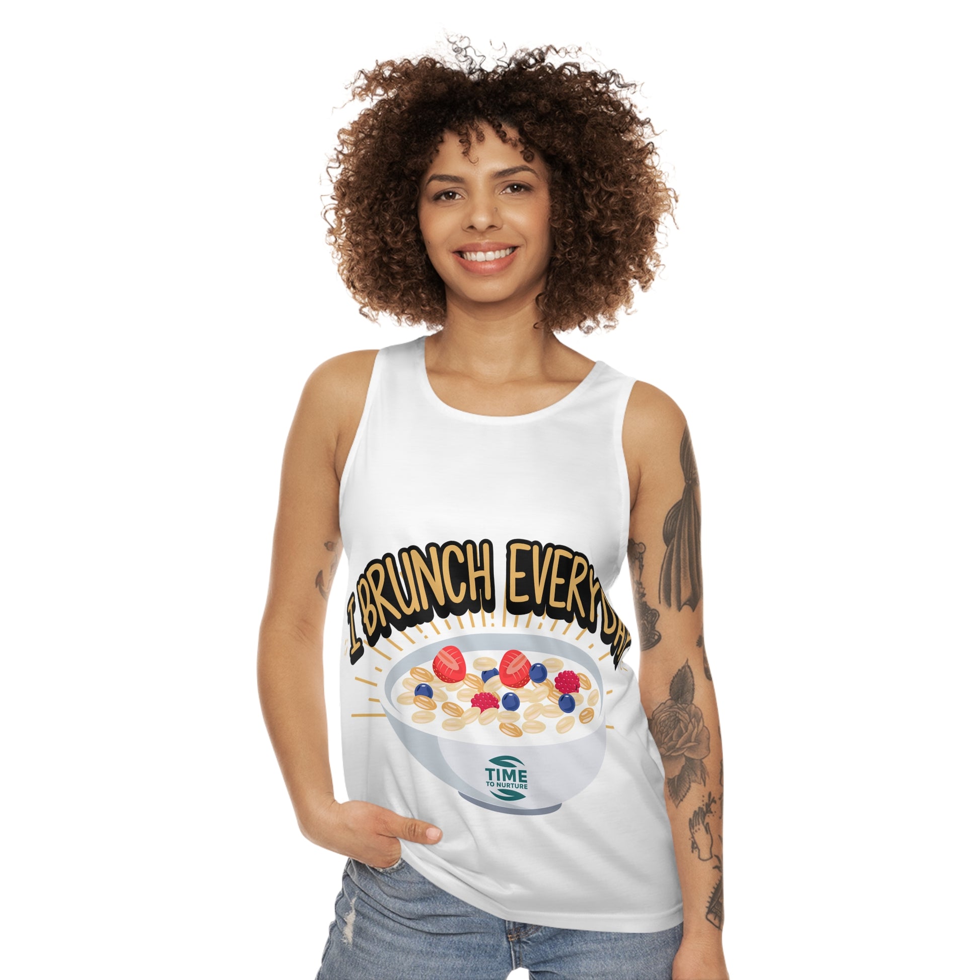 unisex tank top with an all-over print design featuring the words "Retirement Brunch" in a playful and bold style. A humorous and versatile gift for brunch lovers, suitable for him or her, and perfect for celebrating retirement in style.