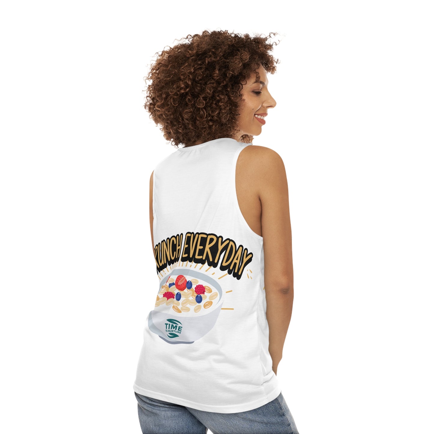 unisex tank top with an all-over print design featuring the words "Retirement Brunch" in a playful and bold style. A humorous and versatile gift for brunch lovers, suitable for him or her, and perfect for celebrating retirement in style.