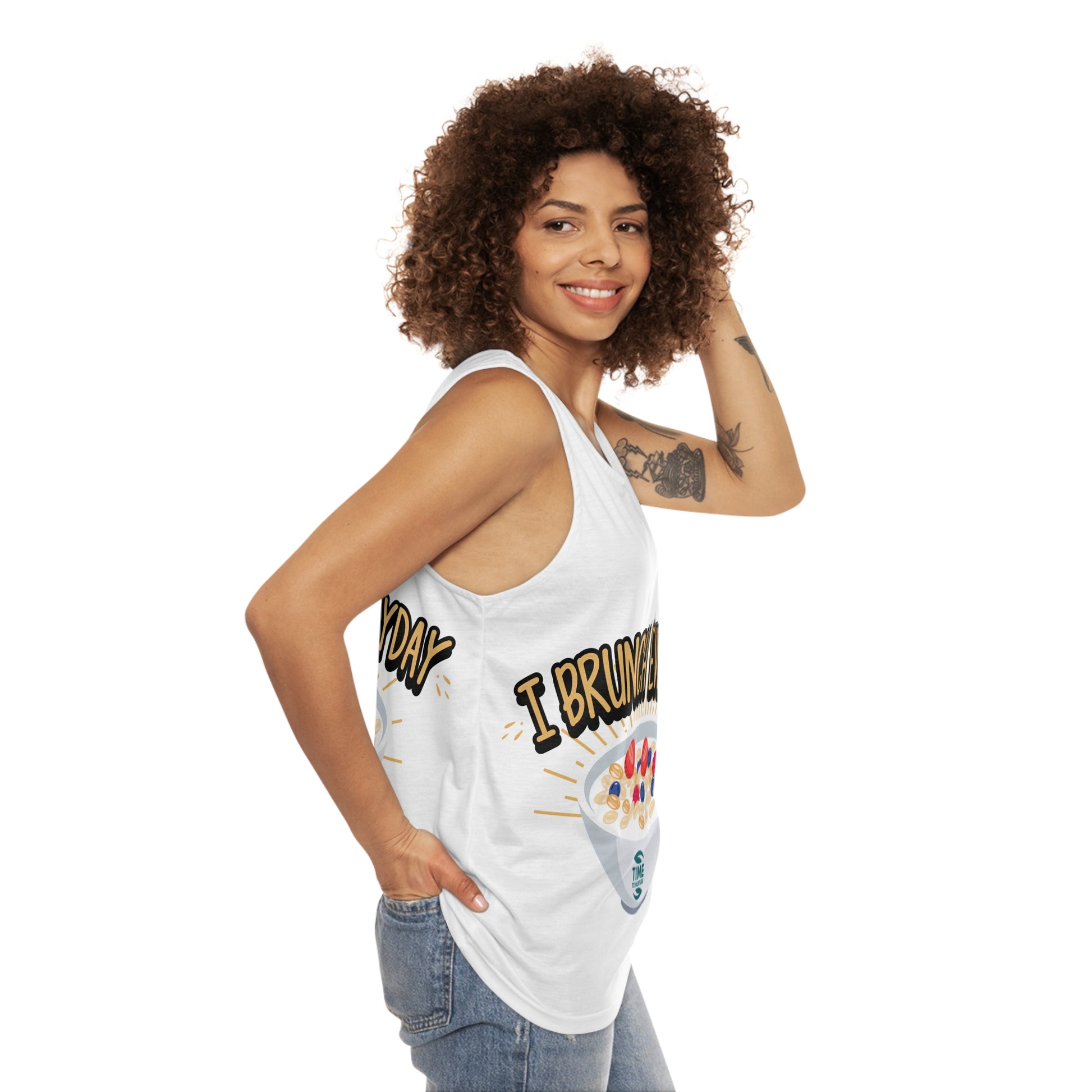 unisex tank top with an all-over print design featuring the words "Retirement Brunch" in a playful and bold style. A humorous and versatile gift for brunch lovers, suitable for him or her, and perfect for celebrating retirement in style.