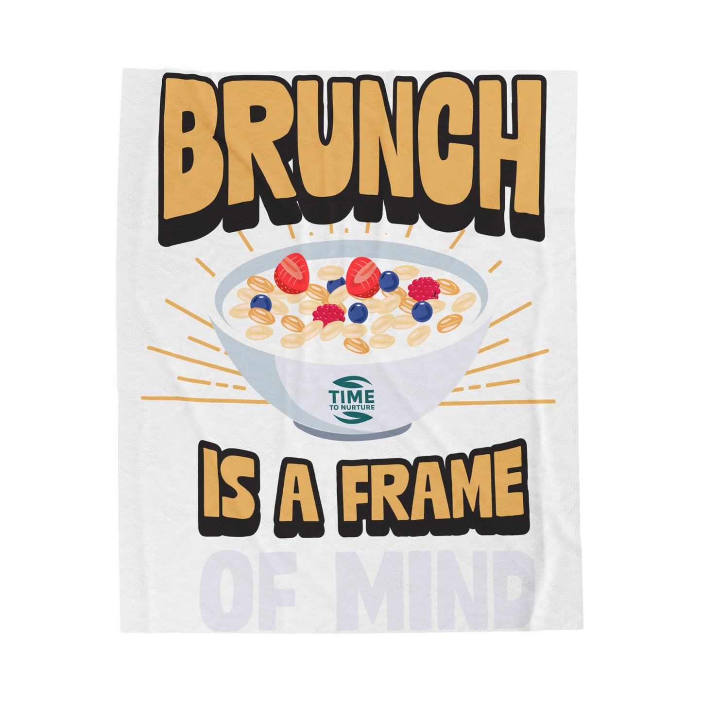 velveteen plush blanket with text "Brunch is a Frame of Mind" printed in elegant lettering, showcasing a cozy, soft texture ideal for lounging. Designed as home decor, it makes a thoughtful retirement gift, housewarming present, or stylish lounge throw.