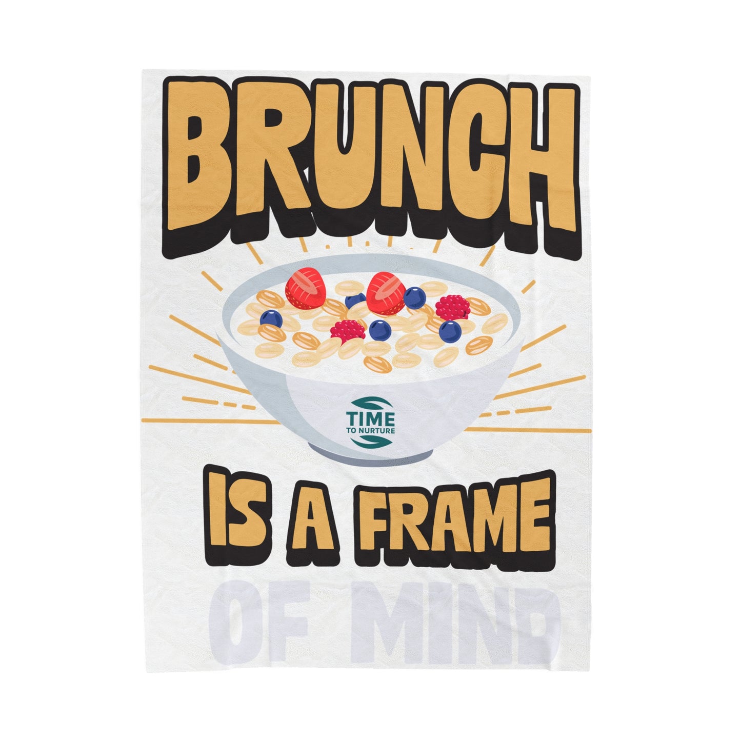 velveteen plush blanket with text "Brunch is a Frame of Mind" printed in elegant lettering, showcasing a cozy, soft texture ideal for lounging. Designed as home decor, it makes a thoughtful retirement gift, housewarming present, or stylish lounge throw.