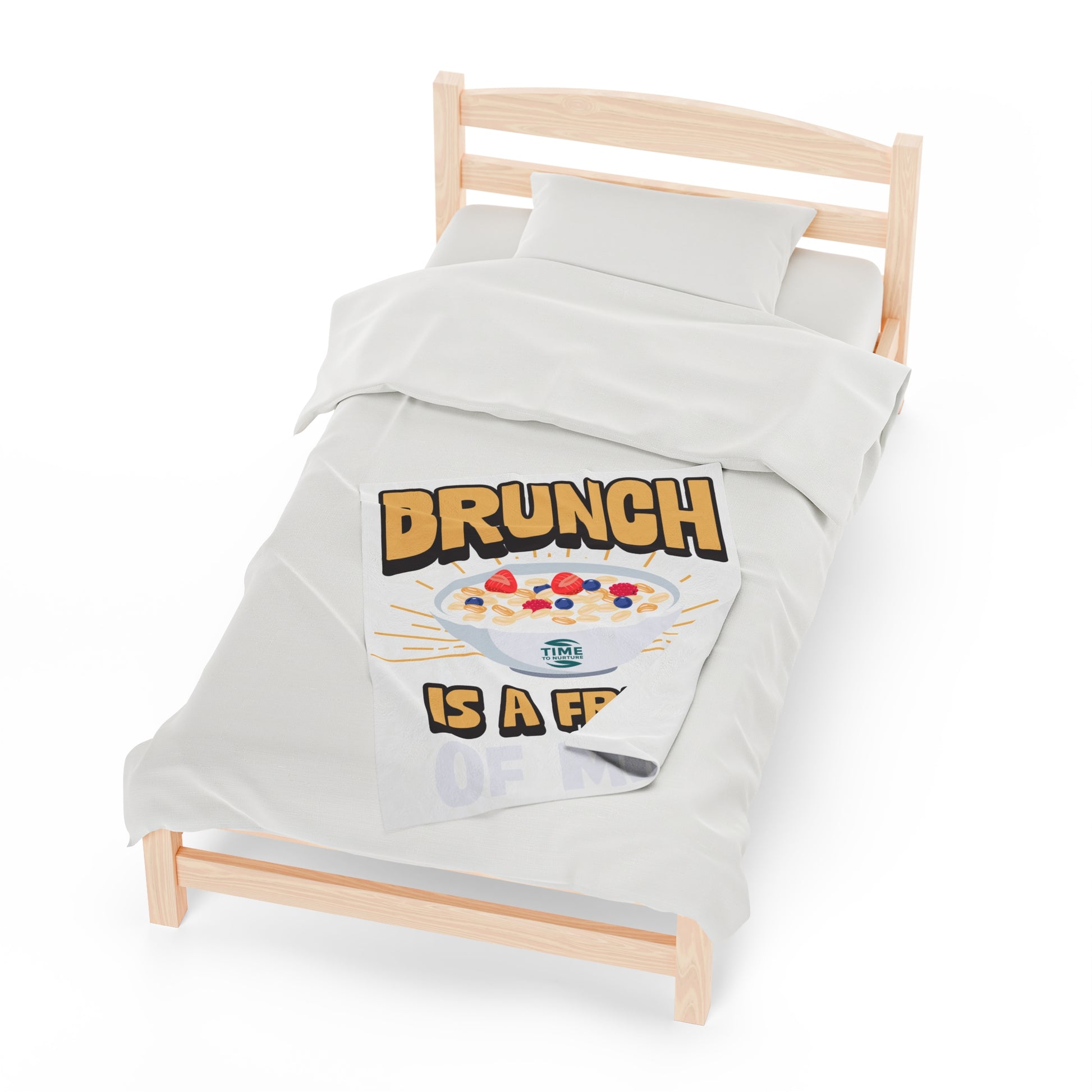 velveteen plush blanket with text "Brunch is a Frame of Mind" printed in elegant lettering, showcasing a cozy, soft texture ideal for lounging. Designed as home decor, it makes a thoughtful retirement gift, housewarming present, or stylish lounge throw.