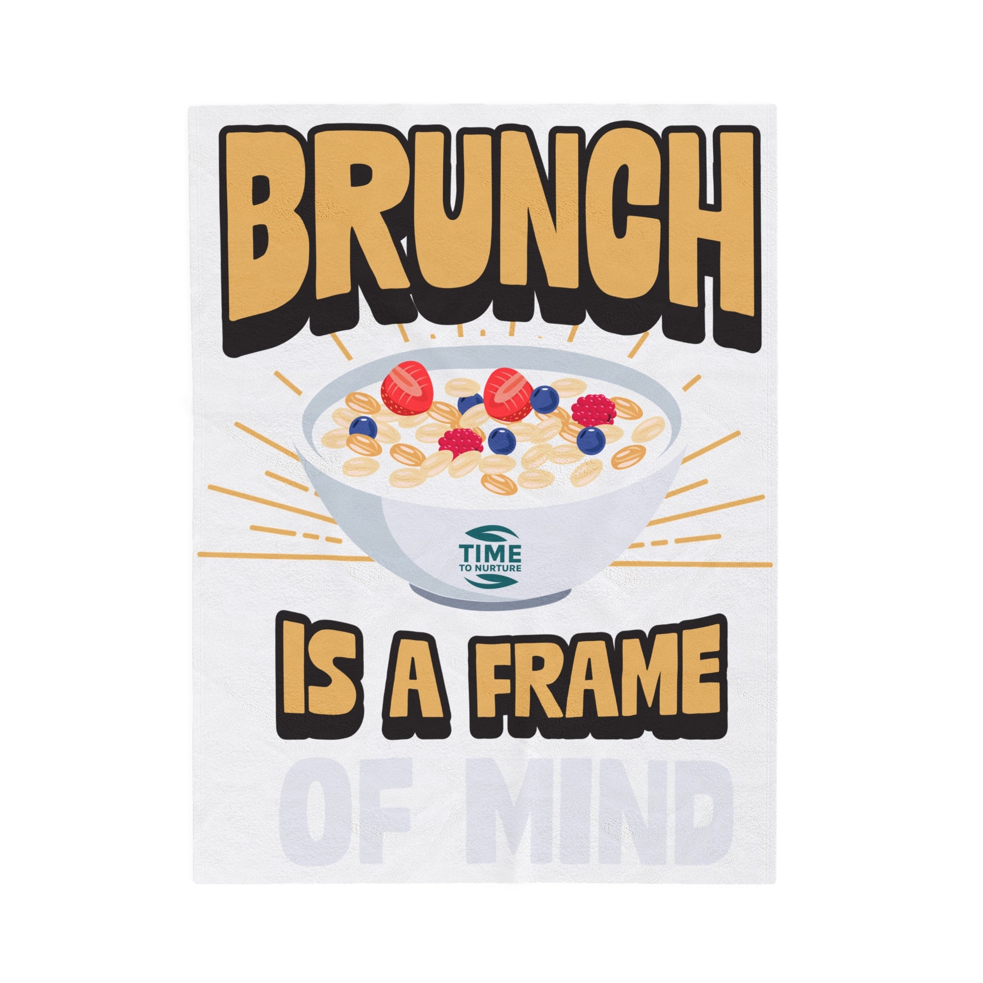 velveteen plush blanket with text "Brunch is a Frame of Mind" printed in elegant lettering, showcasing a cozy, soft texture ideal for lounging. Designed as home decor, it makes a thoughtful retirement gift, housewarming present, or stylish lounge throw.